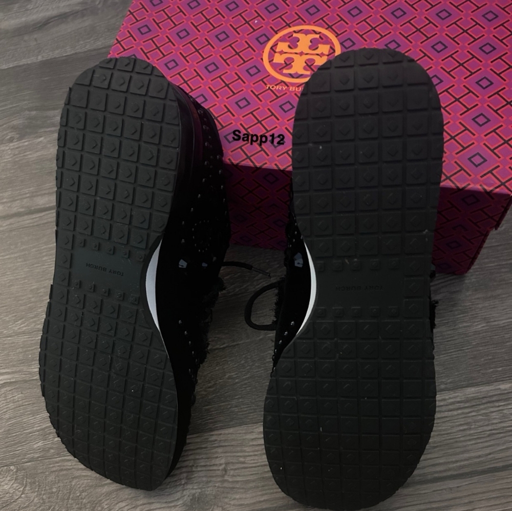 TORY BURCH * SCARLETT RUNNER VELVET   EMBELLISHED BLACK SNEAKERS - Picture 7 of 10